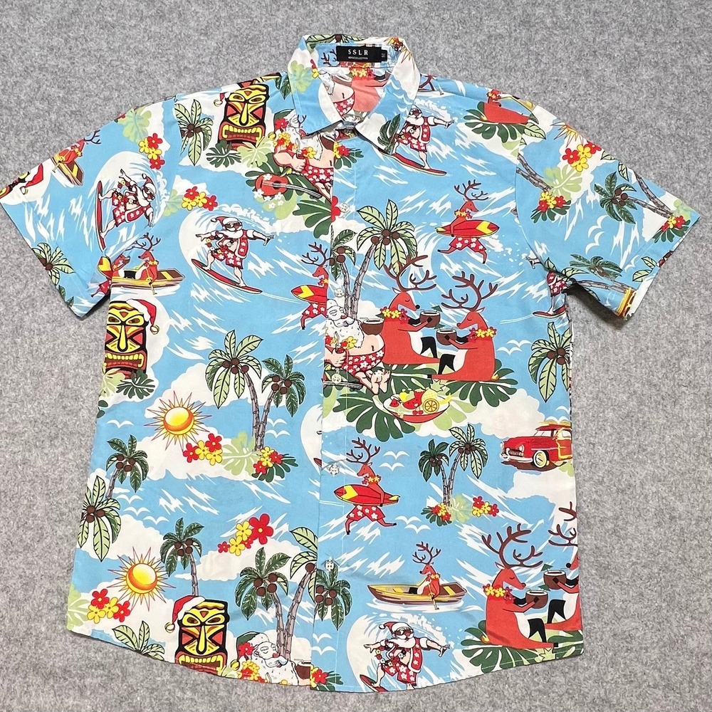 SSLR Mens Tropical Christmas Hawaiian Shirt‎ Blue Surfing Santa Reindeer Tiki M